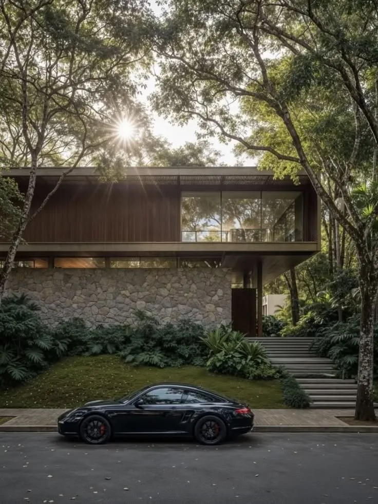 Modern wood-and-stone house among the trees with a black sports car parked out front